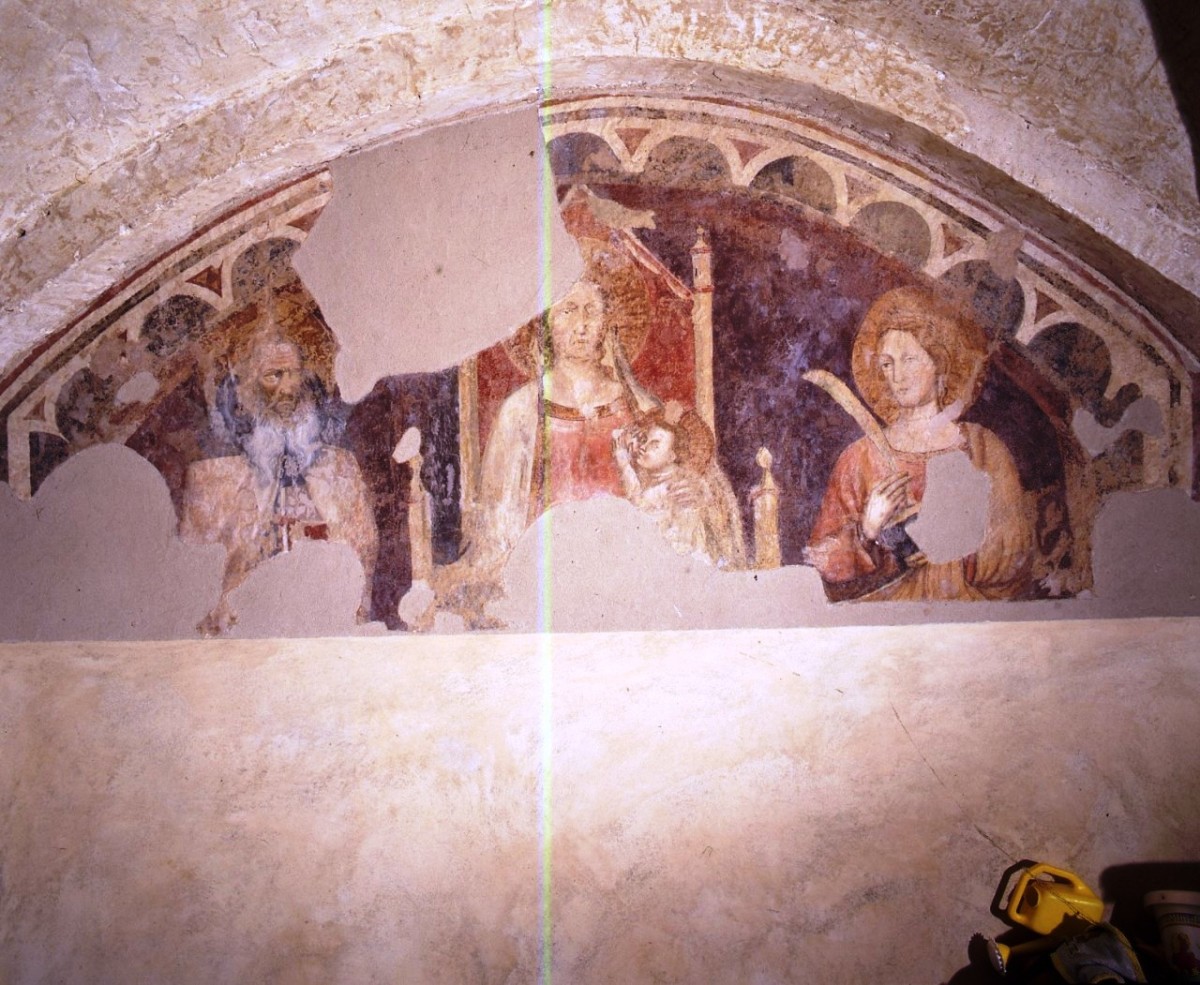 Madonna con Bambino, Sant'Antonio abate e santo martire (dipinto murale) - ambito fiorentino (ultimo quarto sec. XIV)