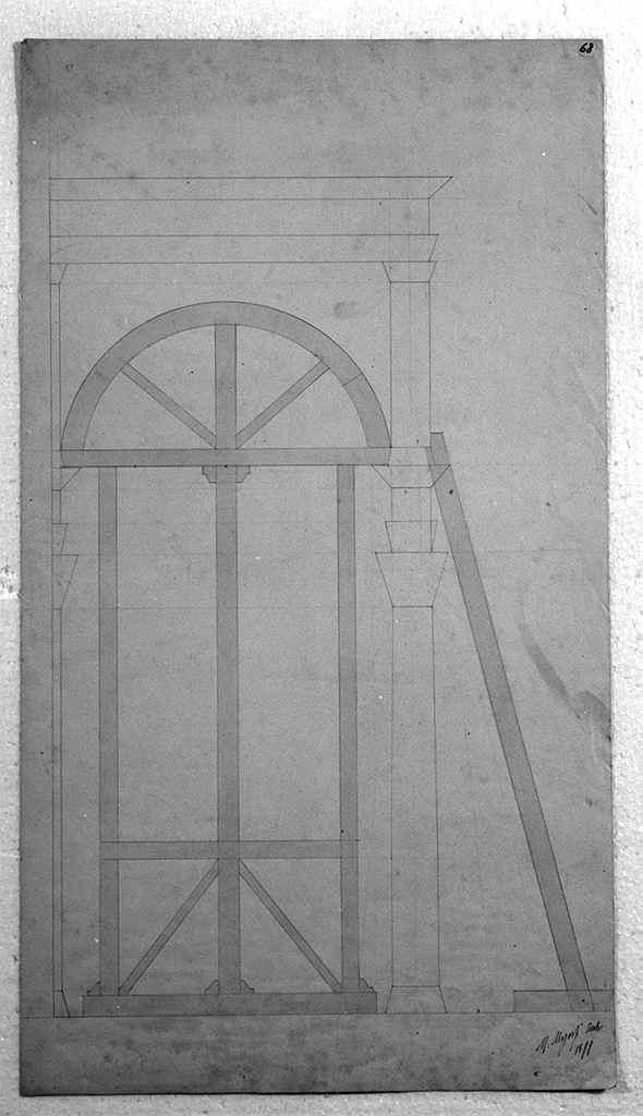 loggiato della cappella Pazzi a Firenze e schizzo di cornice architettonica (disegno architettonico) di Maiorfi Michelangelo (sec. XIX)
