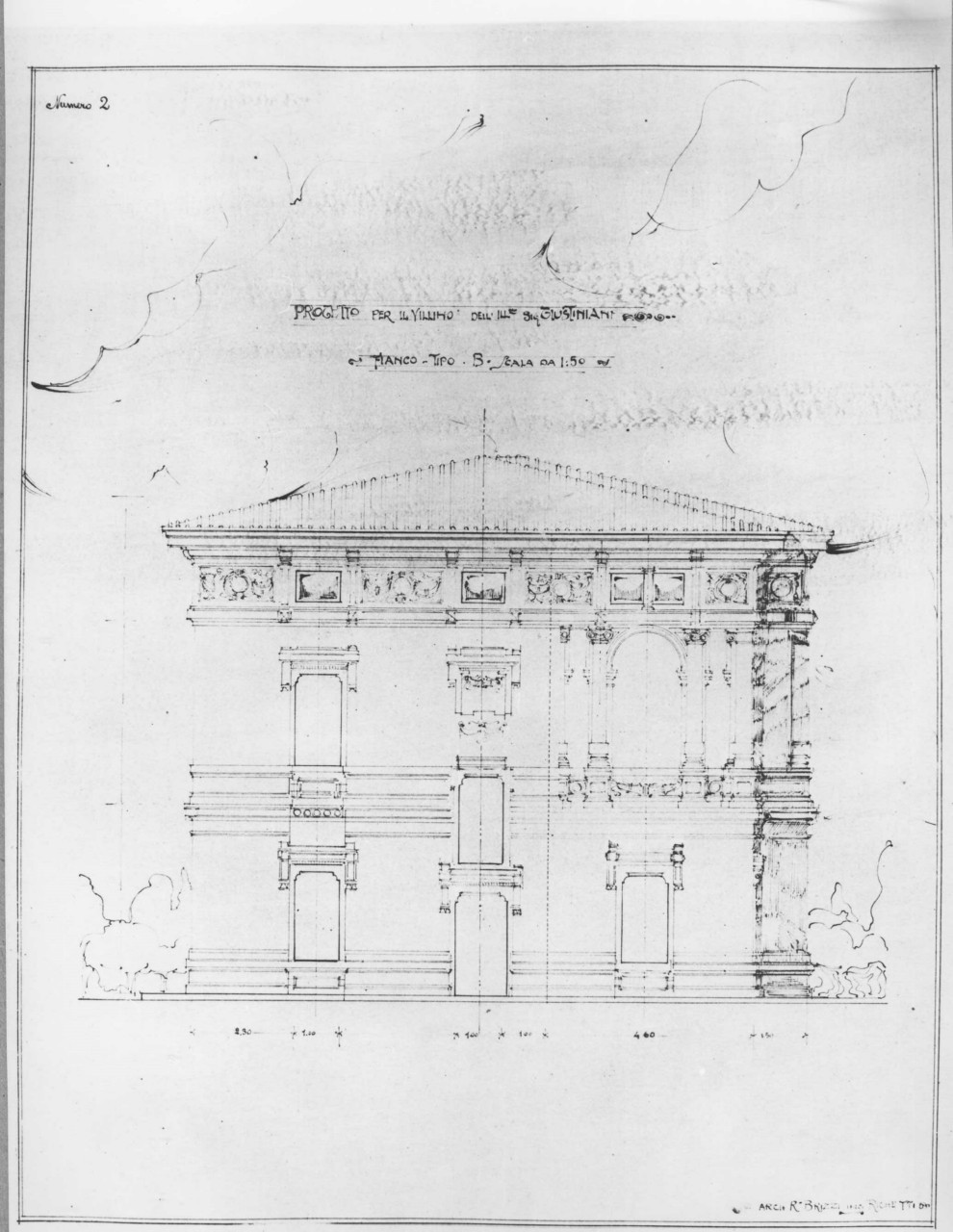 villino Giustiniani: prospetto quotatao della facciata laterale in scala 1:50 (stampa) di Brizzi Raffaello (e aiuti) (sec. XX)