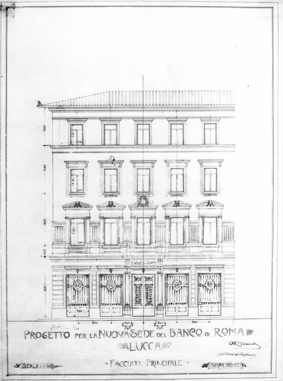 sede del Banco di Roma a Lucca: dettaglio in scala 1:10 della facciata d'ingresso (stampa) di Brizzi Raffaello (e aiuti) (sec. XX)