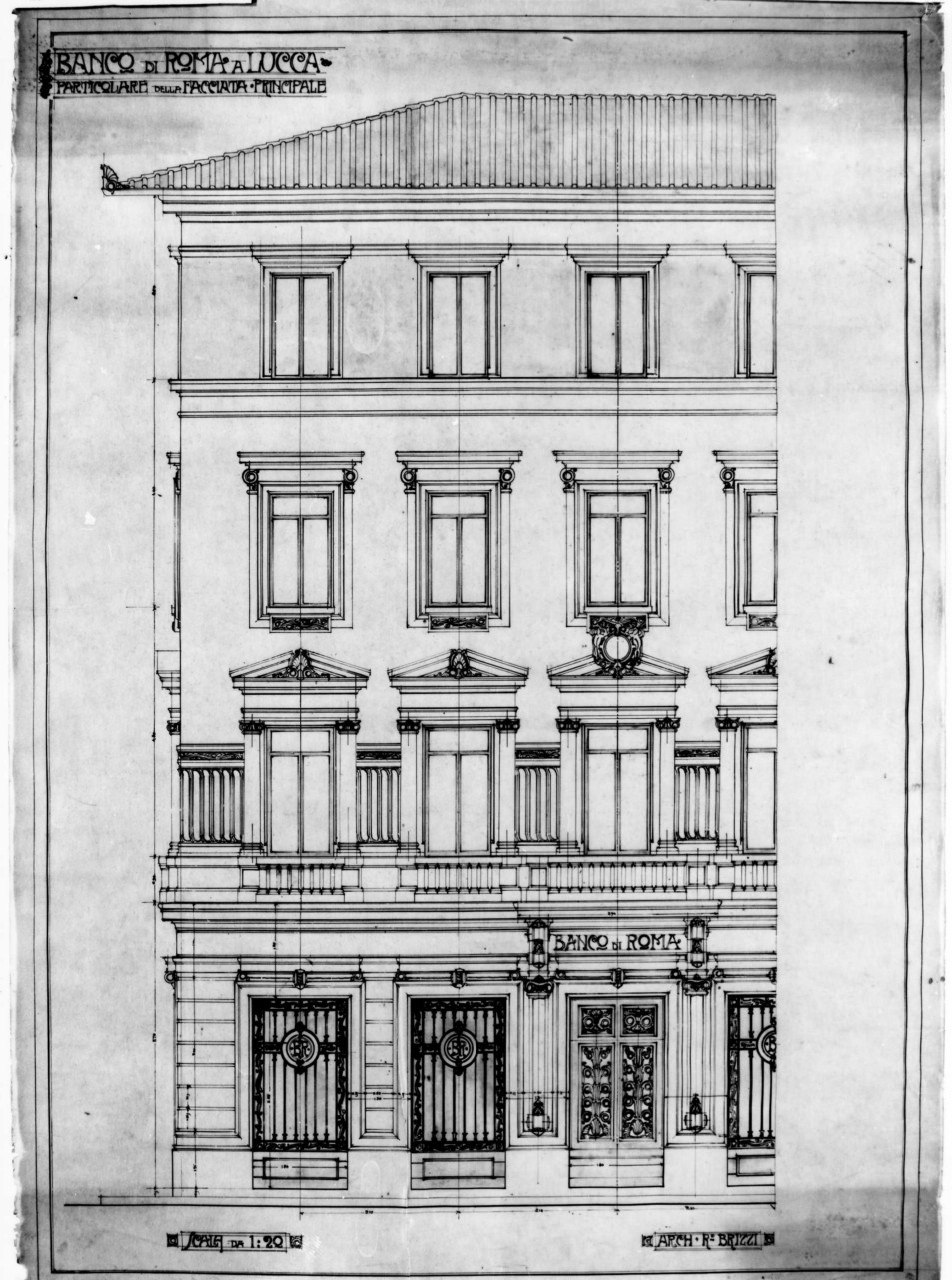 sede del Banco di Roma a Lucca: prospetto in scala 1:20 della facciata d'ingresso (disegno architettonico) di Brizzi Raffaello (sec. XX)