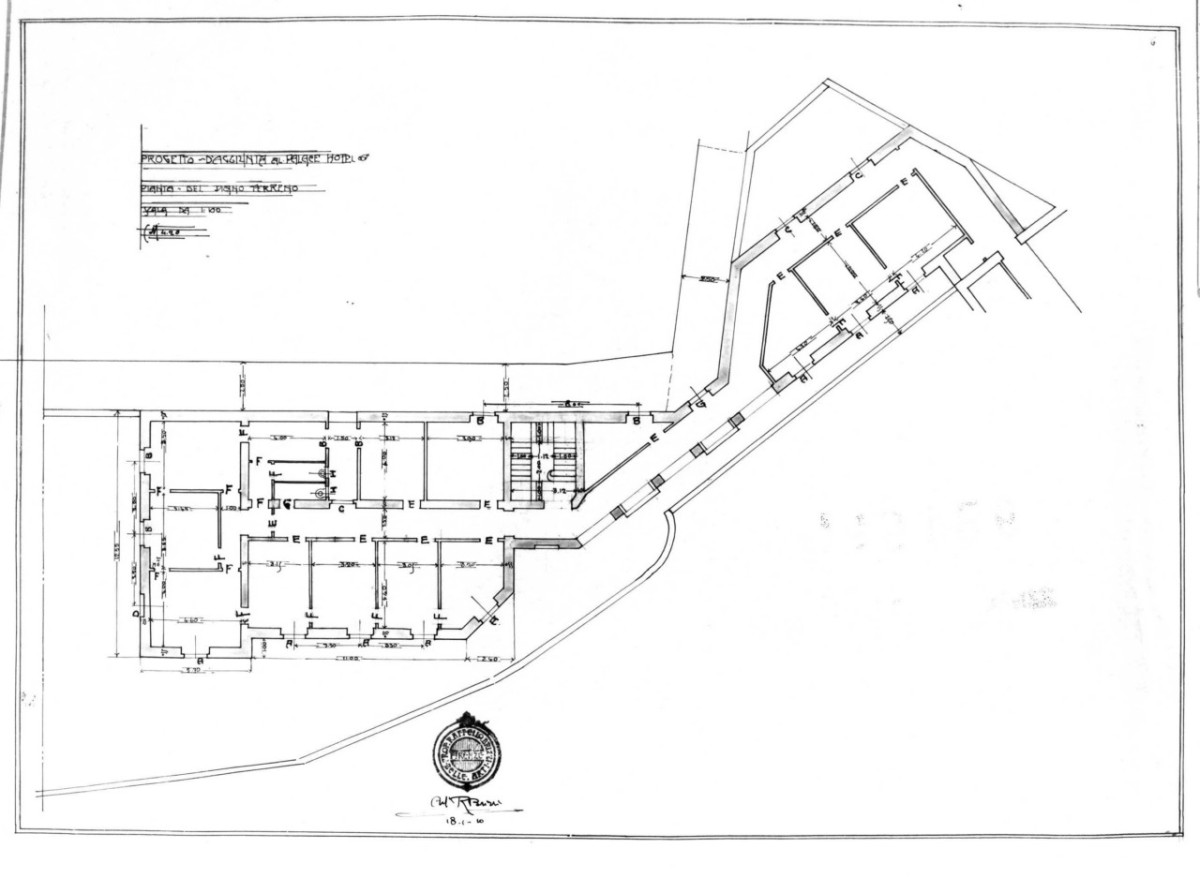 Pianta del piano terreno, ampliamento del Palace Hotel: pianta quotata del piano terreno in scala 1:100 (disegno architettonico) di Brizzi Raffaello (e aiuti) (sec. XX)