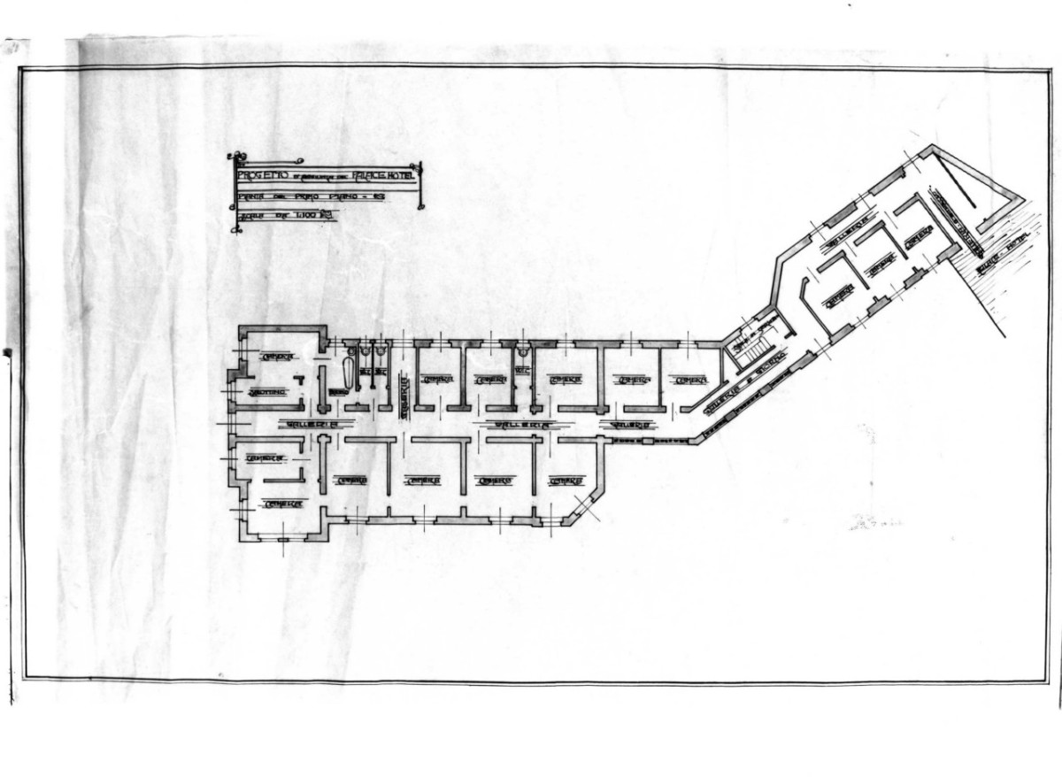 Pianta del primo piano, ampliamento del Palace Hotel: pianta del primo piano in scala 1:100, con indicazione delle destinazioni d'uso (disegno architettonico) di Brizzi Raffaello (e aiuti) (sec. XX)
