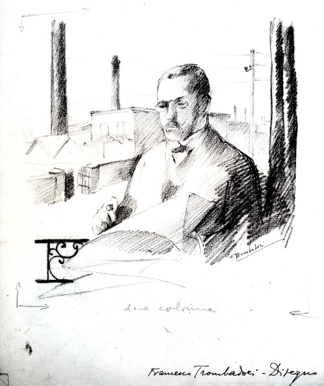 uomo a mezzo busto che legge il giornale, sul fondo case e ciminiere (disegno) di Trombadori Francesco (secondo quarto sec. XX)