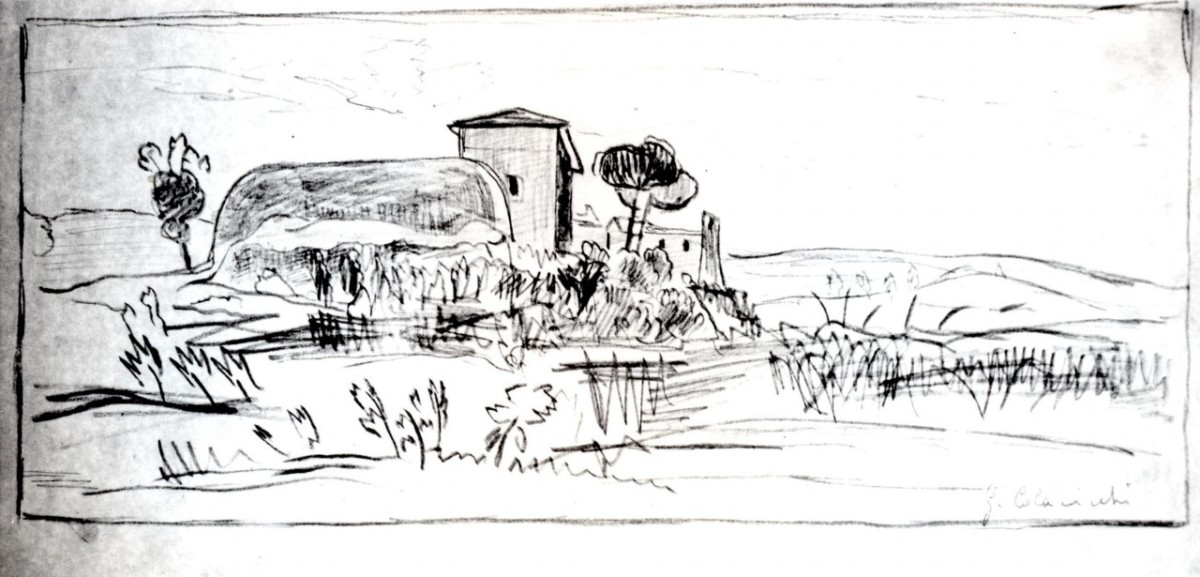 casolari e un covone (disegno) di Colacicchi Giovanni (metà sec. XX)
