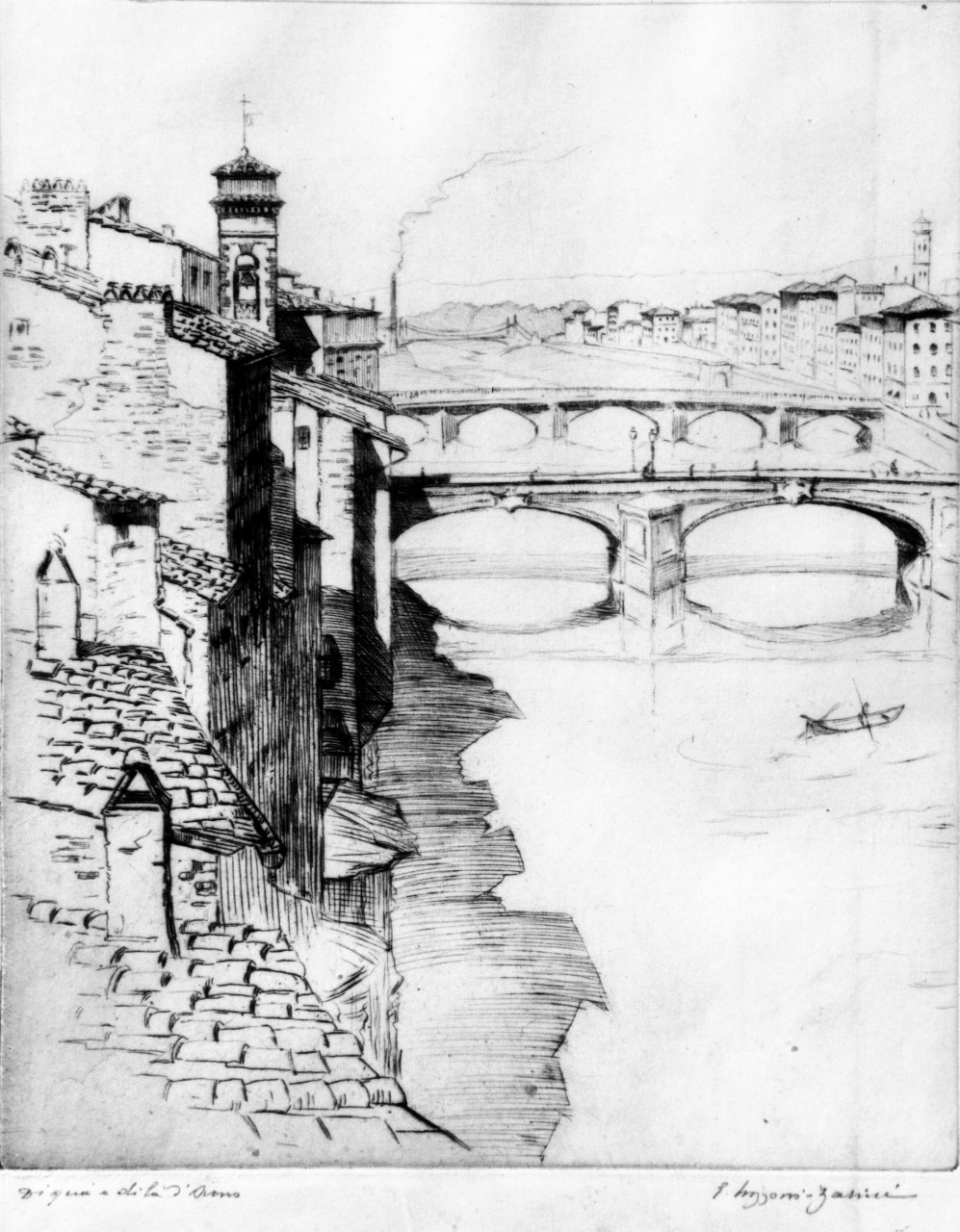 veduta dell' Arno dal Ponte Vecchio (stampa) di Mazzoni Zarini Emilio (secondo quarto sec. XX)