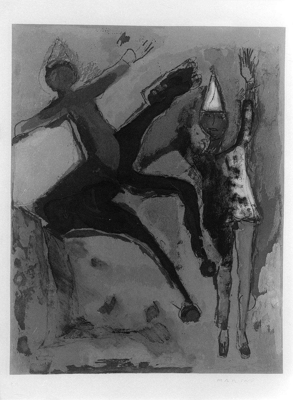 uomo a cavallo e Pierrot (stampa a colori) di Marini Marino (sec. XX)