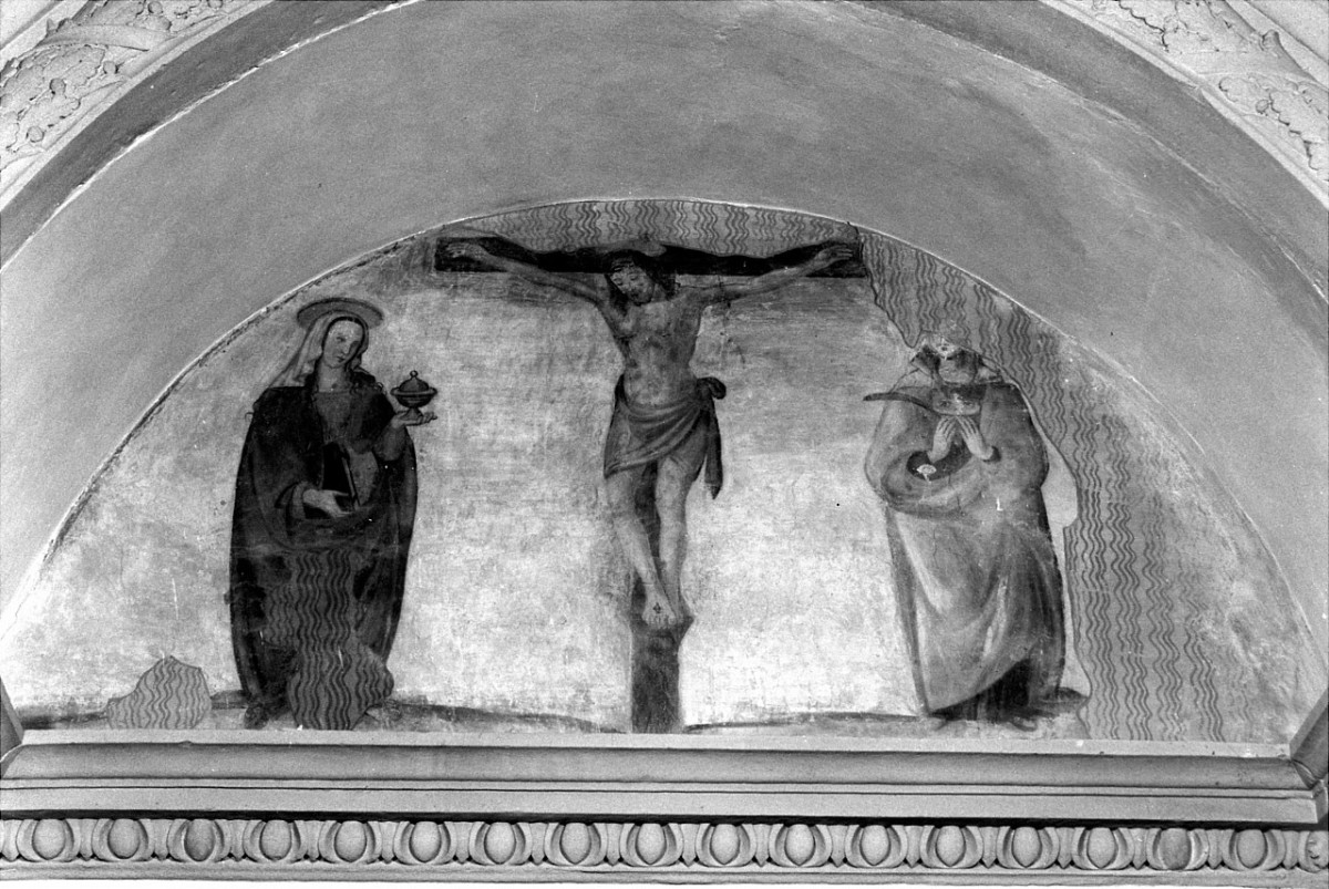 crocifissione di Cristo fra Santa Maria Maddalena e Santa Lucia (dipinto murale) di Rosselli Cosimo (attribuito) (fine sec. XV)