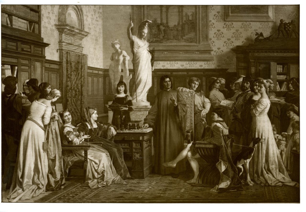 Galeazzo Sforza, duca di Milano, insieme alla moglie Bona di Savoia visita Lorenzo de' Medici - dipinto (positivo) di Cassioli Amos (attr), anonimo (metà XX)