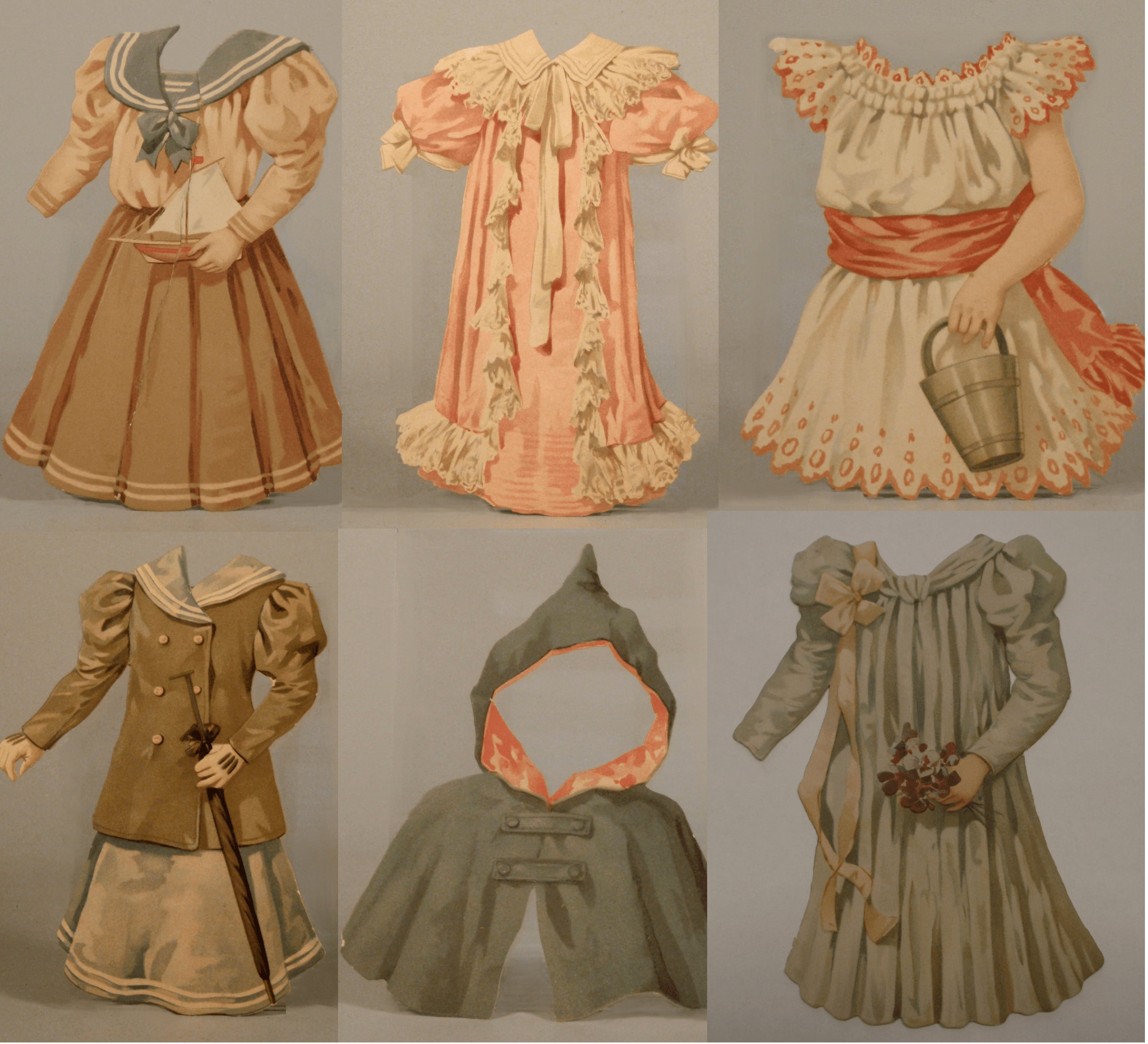 vestitini per bambola, in cartoncino, accessori ludici - area inglese (inizio XX secolo)