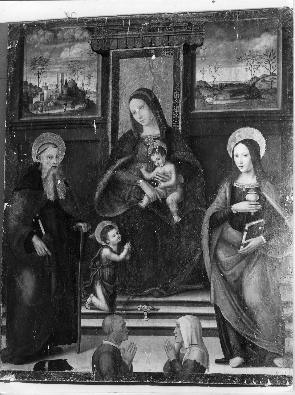 Madonna con Bambino in trono con San Giovannino, Sant'Antonio Abate, Santa Maria Maddalena e committenti (dipinto) - ambito fiorentino (inizio sec. XVI)