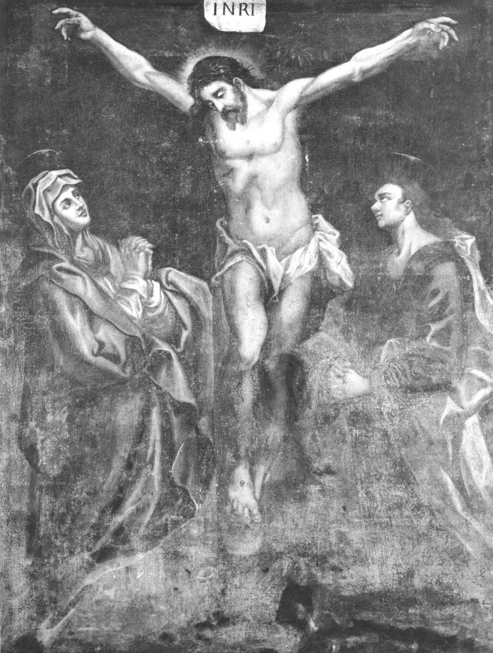 crocifissione di Cristo con la Madonna e San Giovanni Evangelista (dipinto) - ambito toscano (sec. XVII)