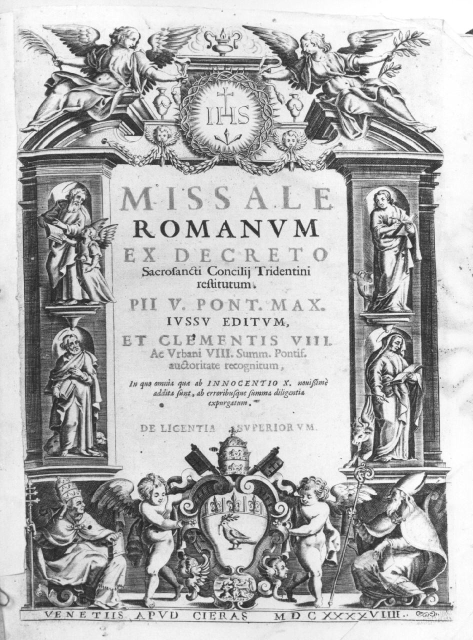 quattro evangelisti, monogramma cristologico e stemma di Innocenzo I Chigi (stampa) - ambito italiano (sec. XVII)