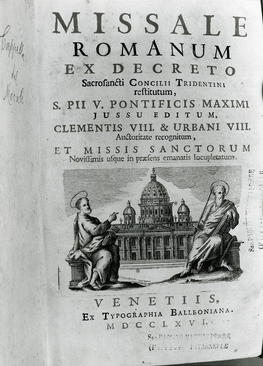 San Pietro e San Paolo mostrano la chiesa di S. Pietro a Roma (stampa) - ambito veneto (sec. XVIII)