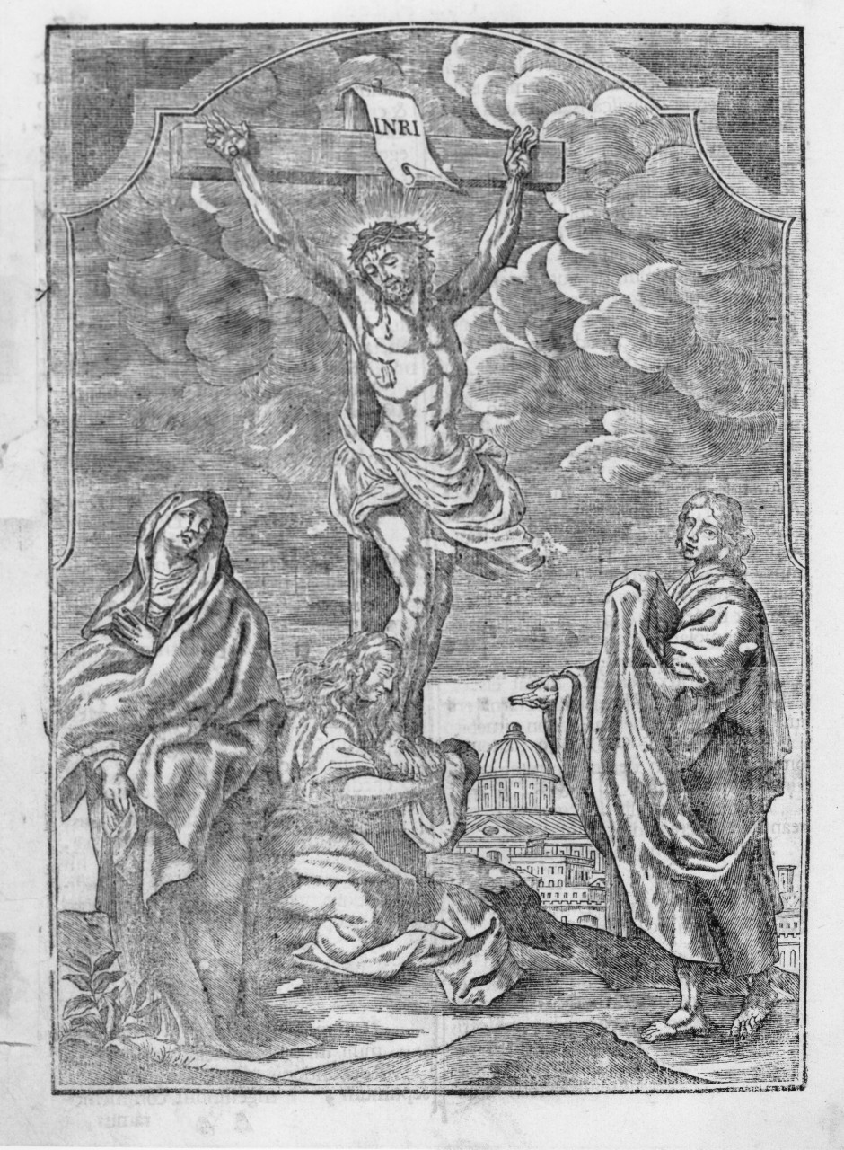 Cristo crocifisso con la Madonna, San Giovanni evangelista e Santa Maria Maddalena (stampa) - ambito romano (sec. XVIII, sec. XVII)