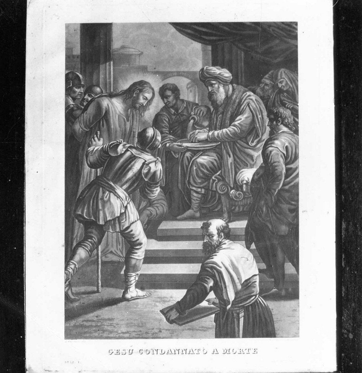 stazione I: Gesù condannato a morte (stampa a colori) di Pistrucci Filippo, Giordano Luca (sec. XIX)