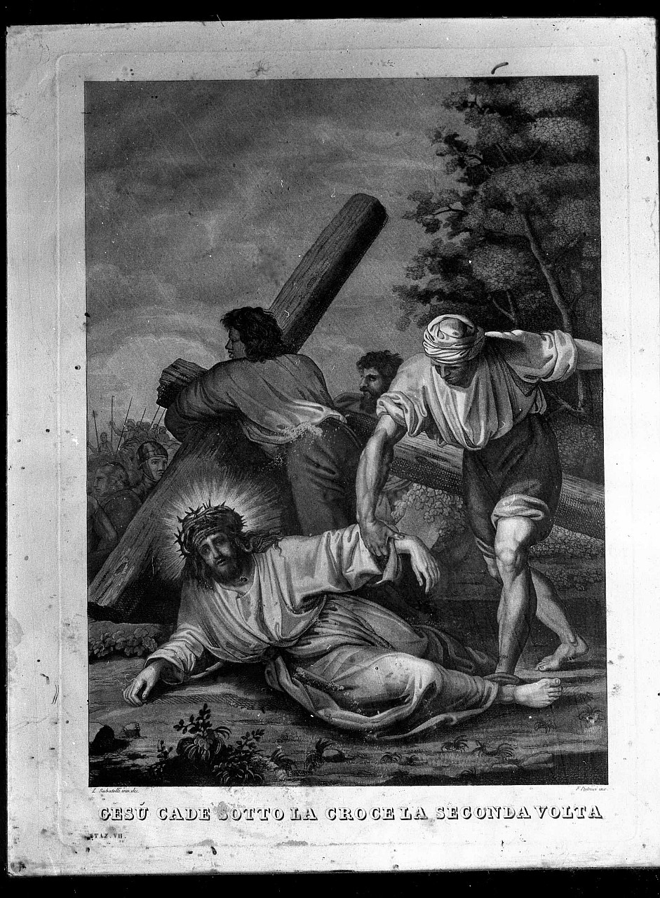 stazione VII: Gesù cade sotto la croce la seconda volta (stampa a colori) di Pistrucci Filippo, Sabatelli Luigi (sec. XIX)