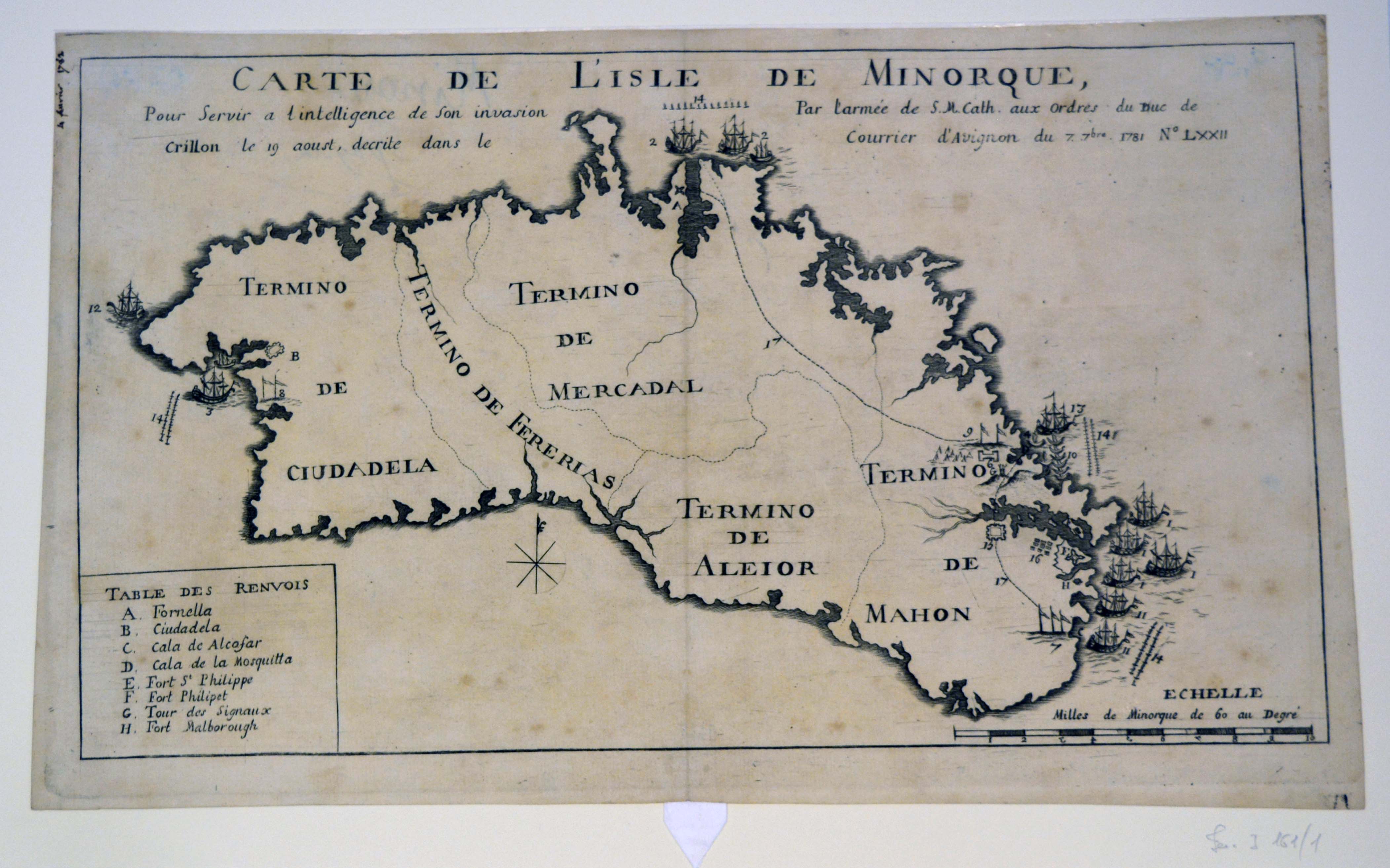 carta geografica e militare dell'isola di Minorca (stampa tagliata) - ambito francese (ultimo quarto sec. XVIII)