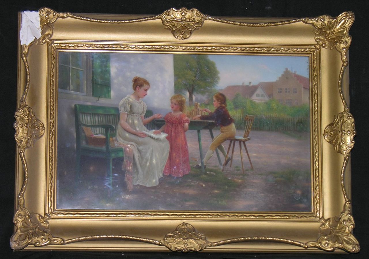 Ein Luftschloss, madre con i due figli (dipinto) di Scherf Louis - manifattura turingia (sec. XX)