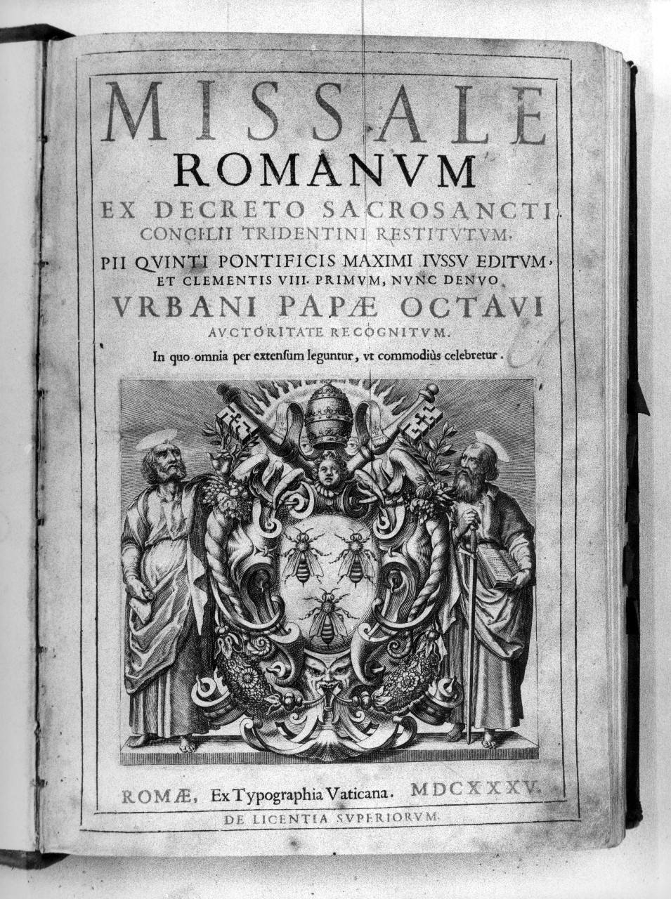 Stemma dei Barberini fiancheggiato dai Santi Pietro e Paolo (stampa, elemento d'insieme) - ambito romano (?) (secondo quarto sec. XVI)