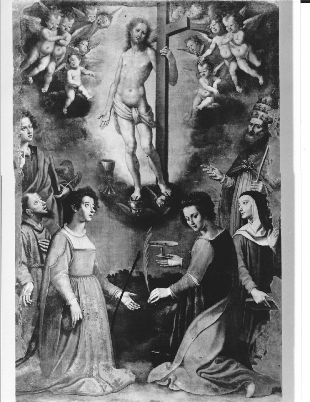 Cristo redentore con angeli e santi (dipinto) di Boldrini Francesco (primo quarto sec. XVII)