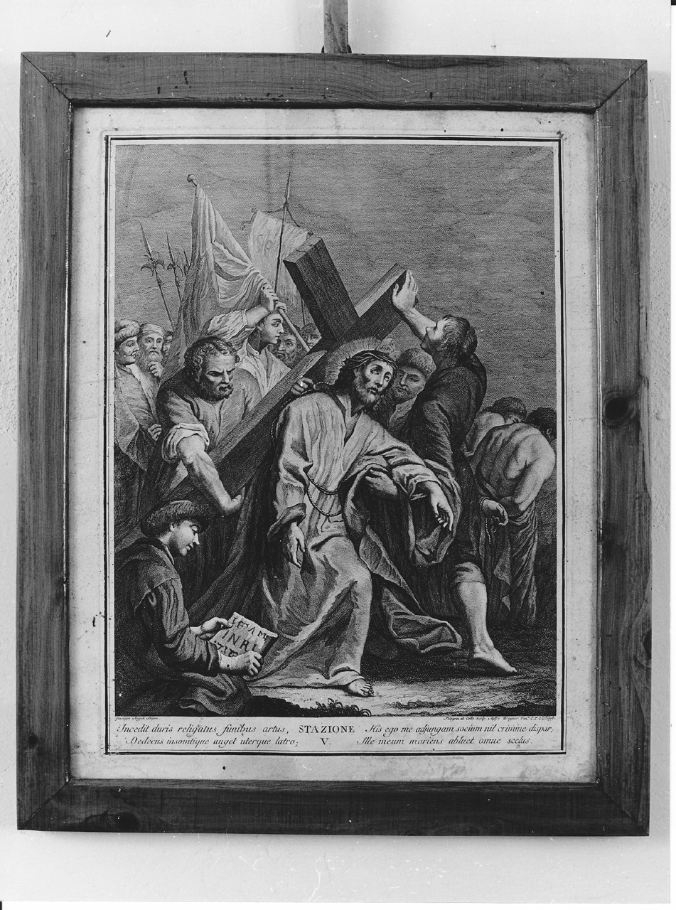 stazione V: Gesù aiutato da Simone il Cireneo a portare la croce (stampa) di Del Colle Pellegrino (sec. XVIII)
