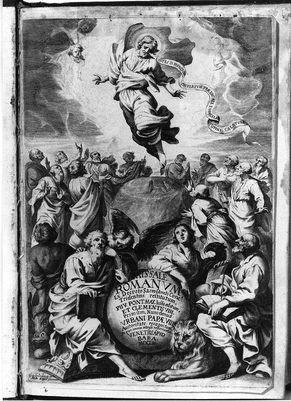 apparizione di Cristo risorto agli apostoli e ai quattro evangelisti con i loro simboli (stampa) di Spillenberger Johann, Kuffel Marc (sec. XVII)