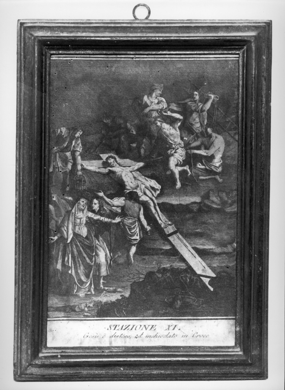 stazione XI: Gesù inchiodato alla croce (stampa colorata a mano) - ambito italiano (sec. XVIII)