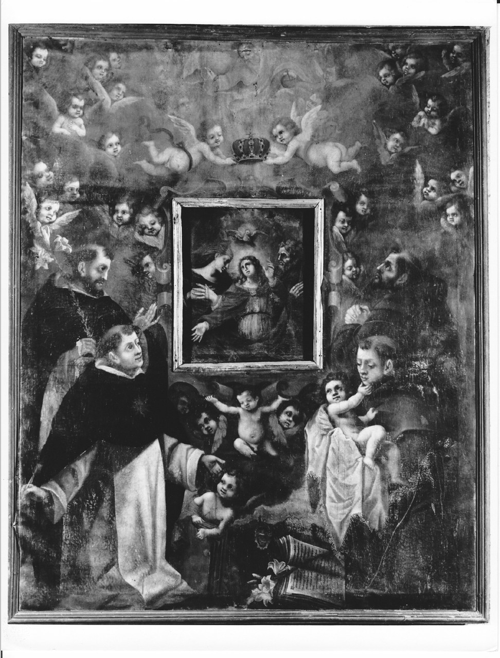 Sacra Famiglia fra Santi in gloria e angeli (dipinto) - ambito toscano (secc. XVII/ XVIII)
