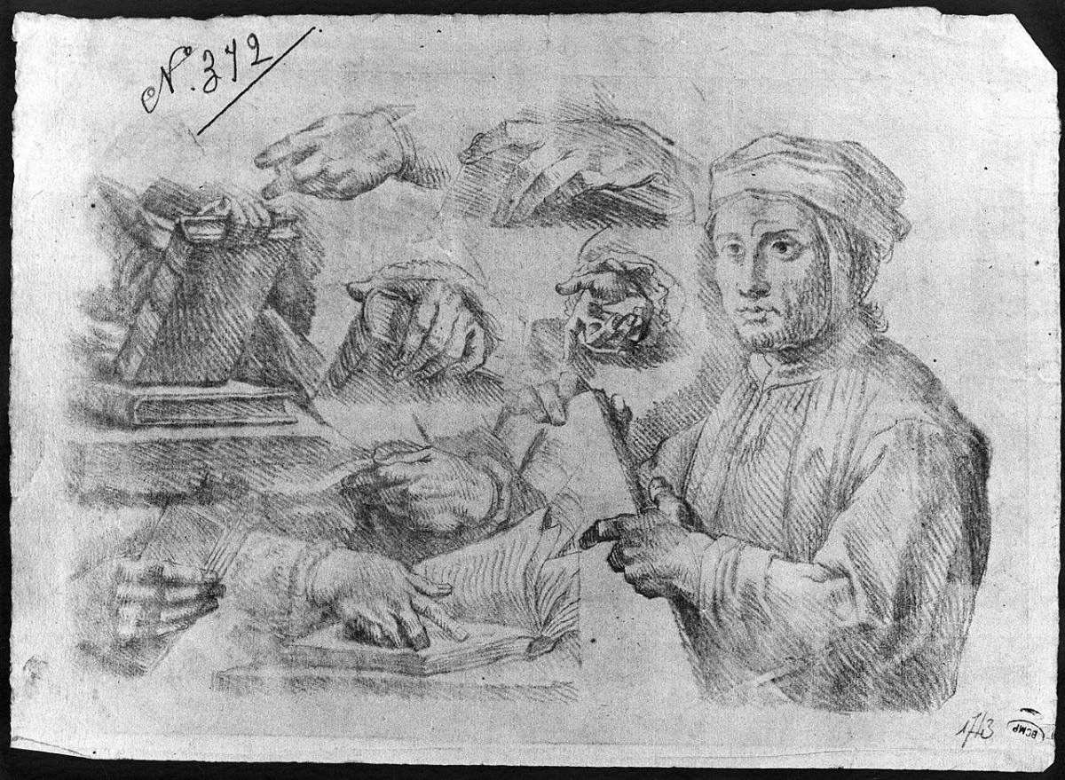 mani con libro, busto maschile (disegno) di Ansaldi Innocenzo (sec. XVIII)