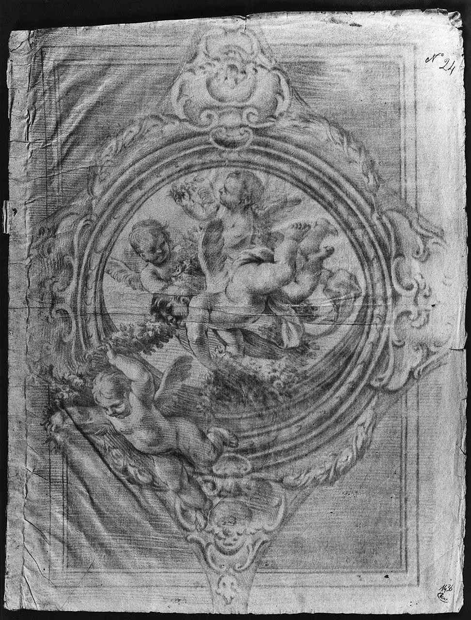 angioletti con ghirlande di fiori entro loculo architettonico (disegno) di Ansaldi Innocenzo (sec. XVIII)