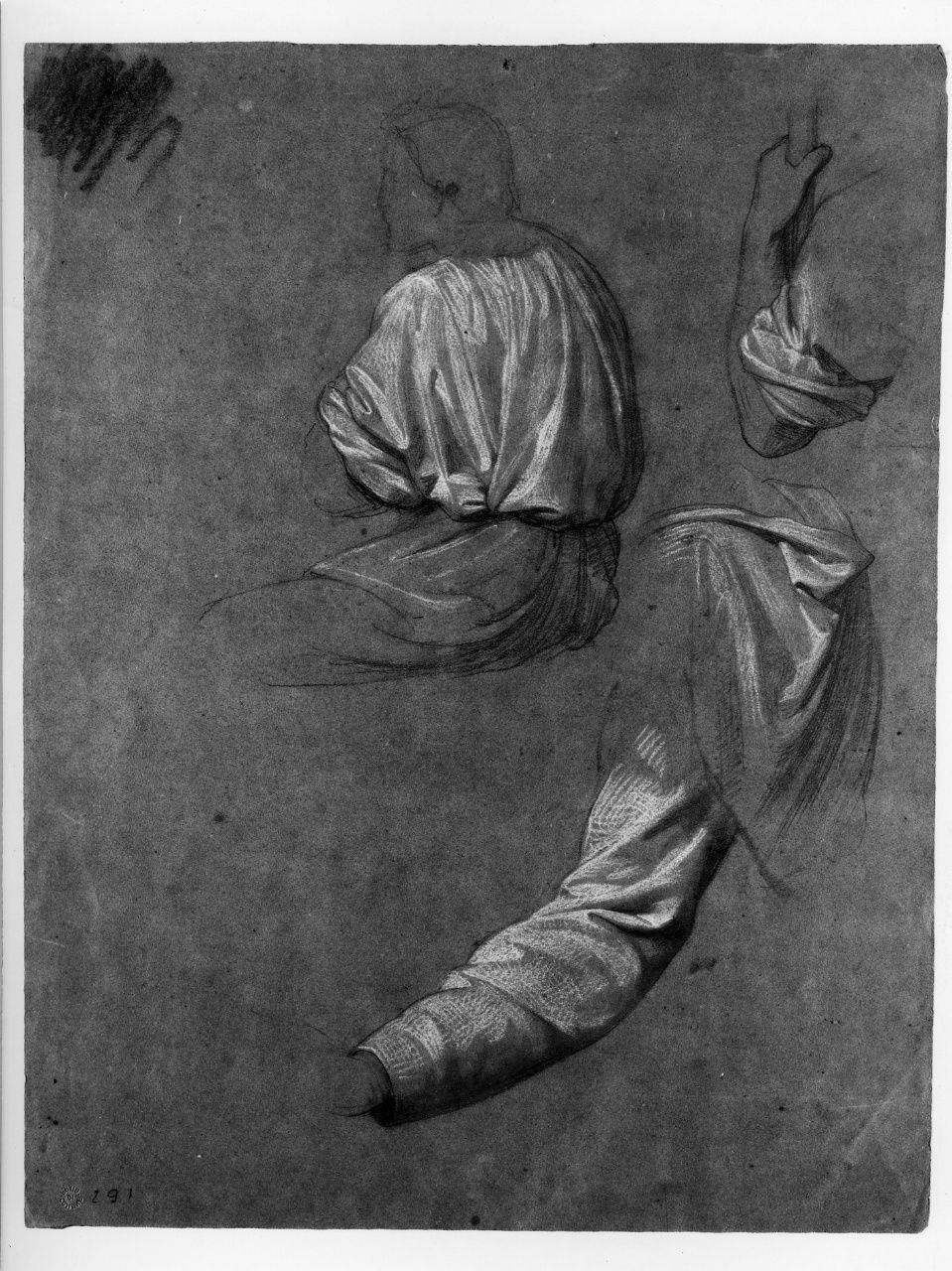 studio di figura panneggiata; studio di braccio (disegno preparatorio) di Franchi Alessandro (sec. XIX)