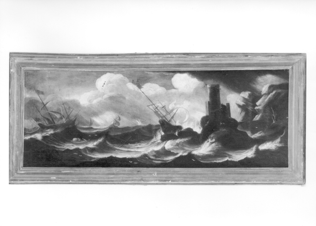 Stampa su tela panoramica, 150 x 50 cm, con telaio, soggetto: tempesta in  mare con faro