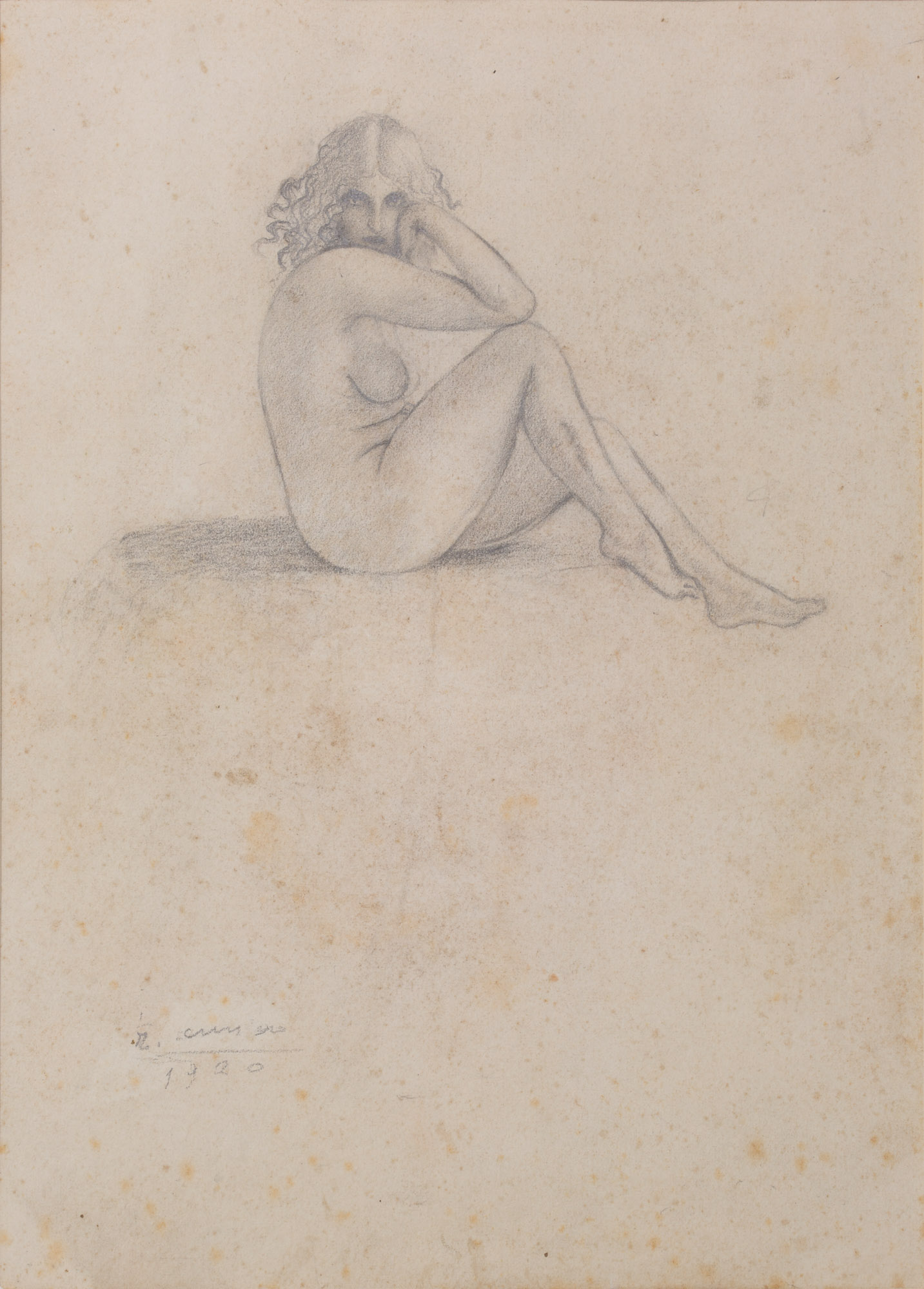 Giovinetta accoccolata, Nudo di donna seduta per terra (disegno, opera isolata) di Cuneo Renata (XX)