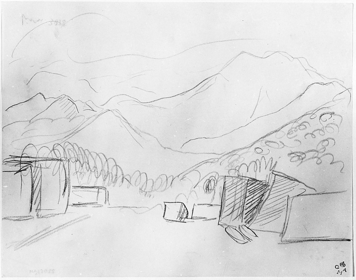 Paesaggio con blocchi di marmo, paesaggio (disegno) di Chaplin Elisabeth (sec. XX)