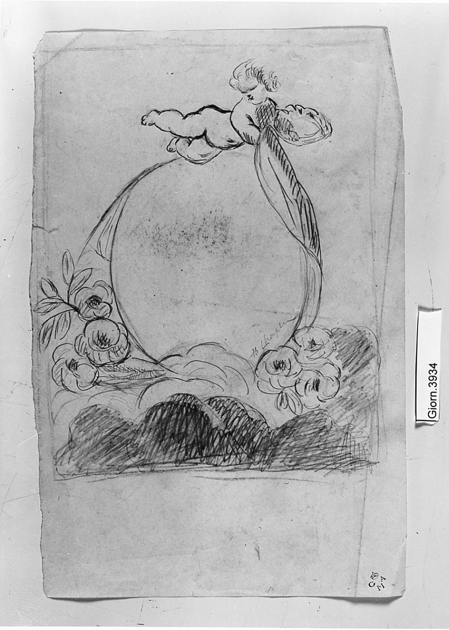 Motivo decorativo con putto, fiori e ovale centrale, motivi decorativi (disegno) di Chaplin Elisabeth (sec. XX)