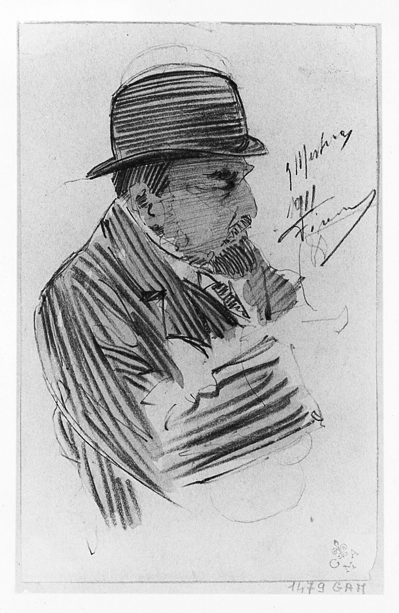 Uomo barbuto con tubino (Uomo con cappello a mezza figura volto a destra), ritratto d'uomo (disegno) di Mestica Giovanni (sec. XX)