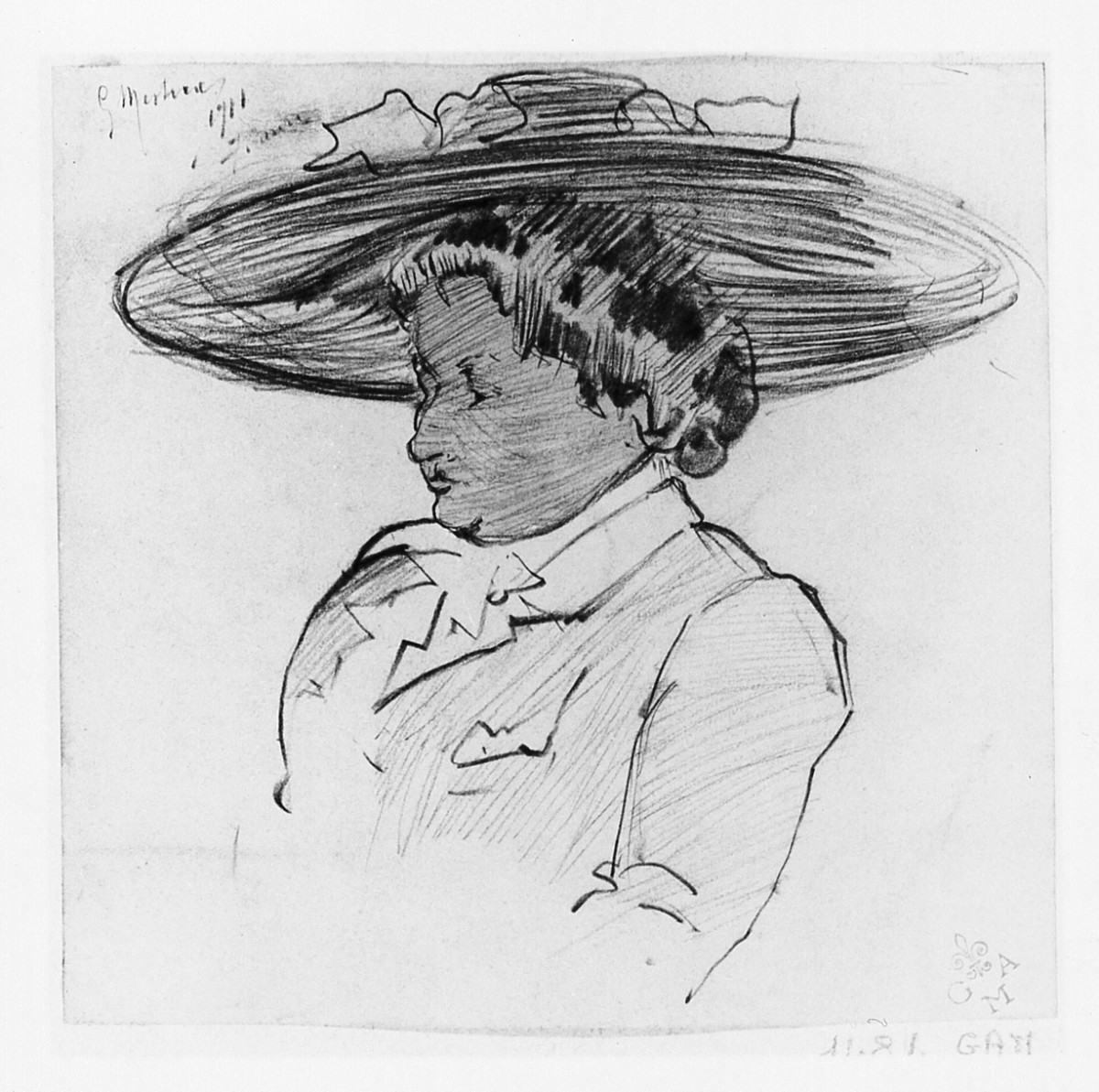 Signora volta a sinistra (Donna con cappello a mezza figura volta sinistra ), ritratto di donna (disegno) di Mestica Giovanni (sec. XX)