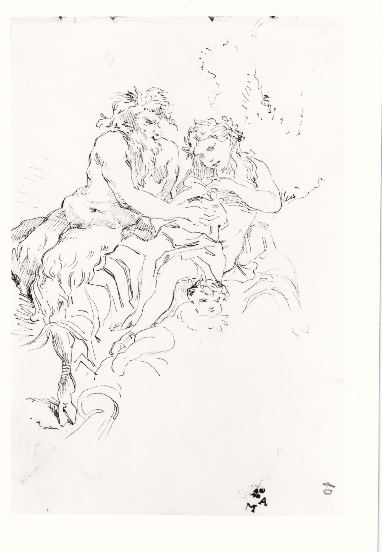 Marsia che insegna la musica a Olimpo, scena mitologica (disegno) di Borrani Odoardo (sec. XIX)