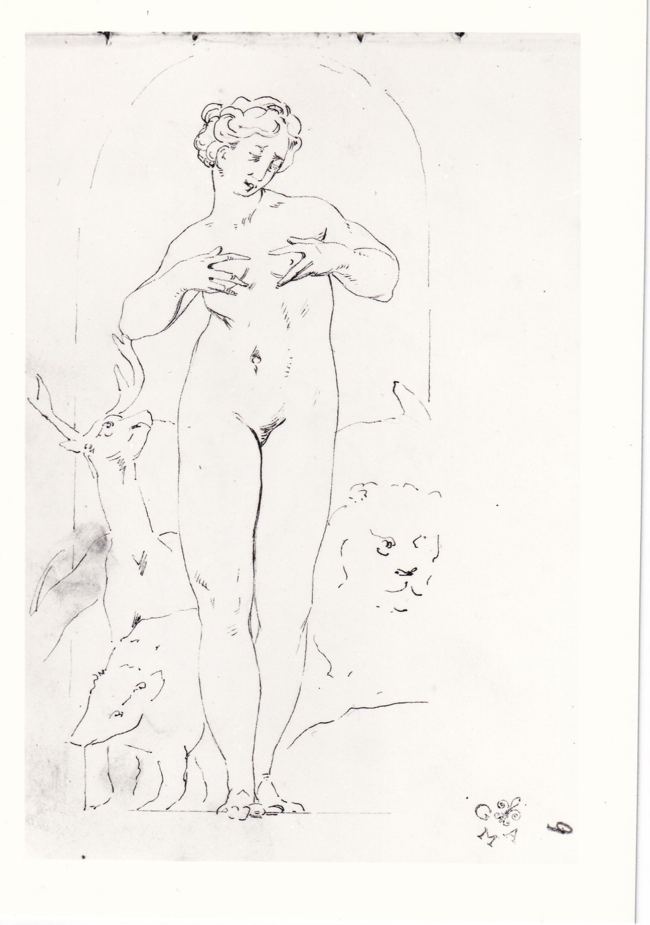 Opi in piedi nuda presso tre animali, scena mitologia (disegno) di Borrani Odoardo (sec. XIX)