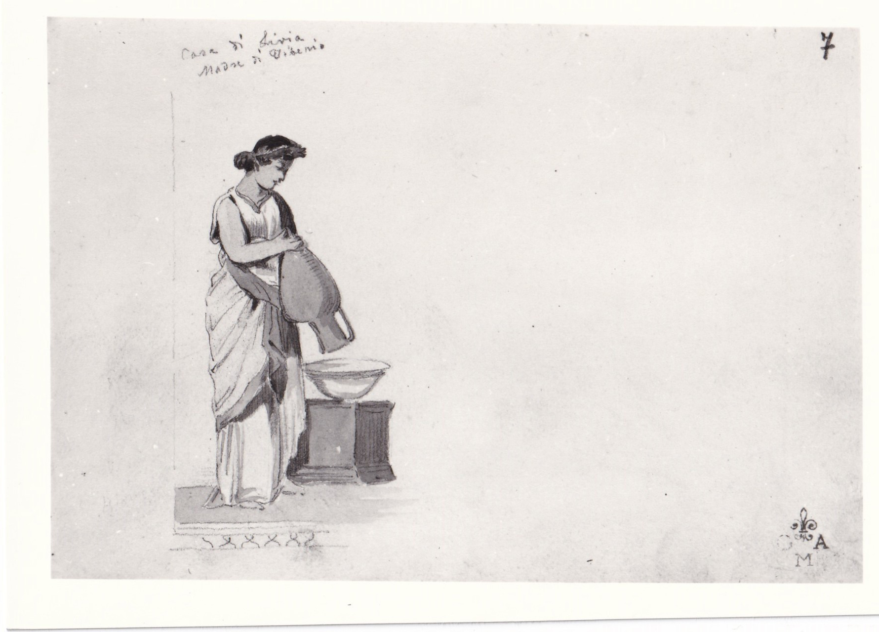 Particolare di affresco nella casa di Livia al Palatina, Figura femminile (disegno) di Borrani Odoardo (sec. XIX)