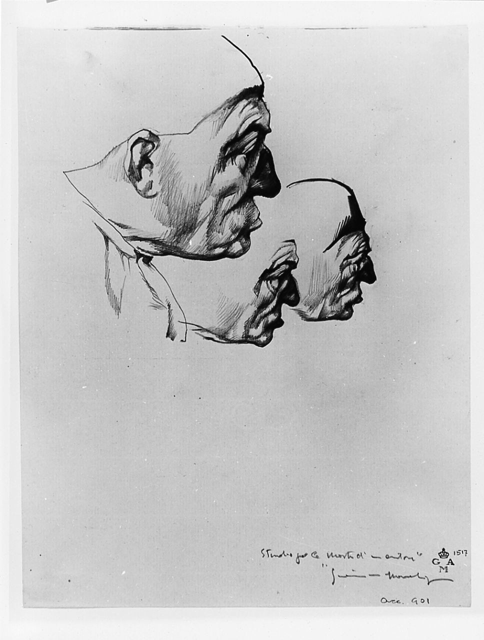 Tre teste maschili, particolari anatomici (disegno) di Marchig Giannino (sec. XX)