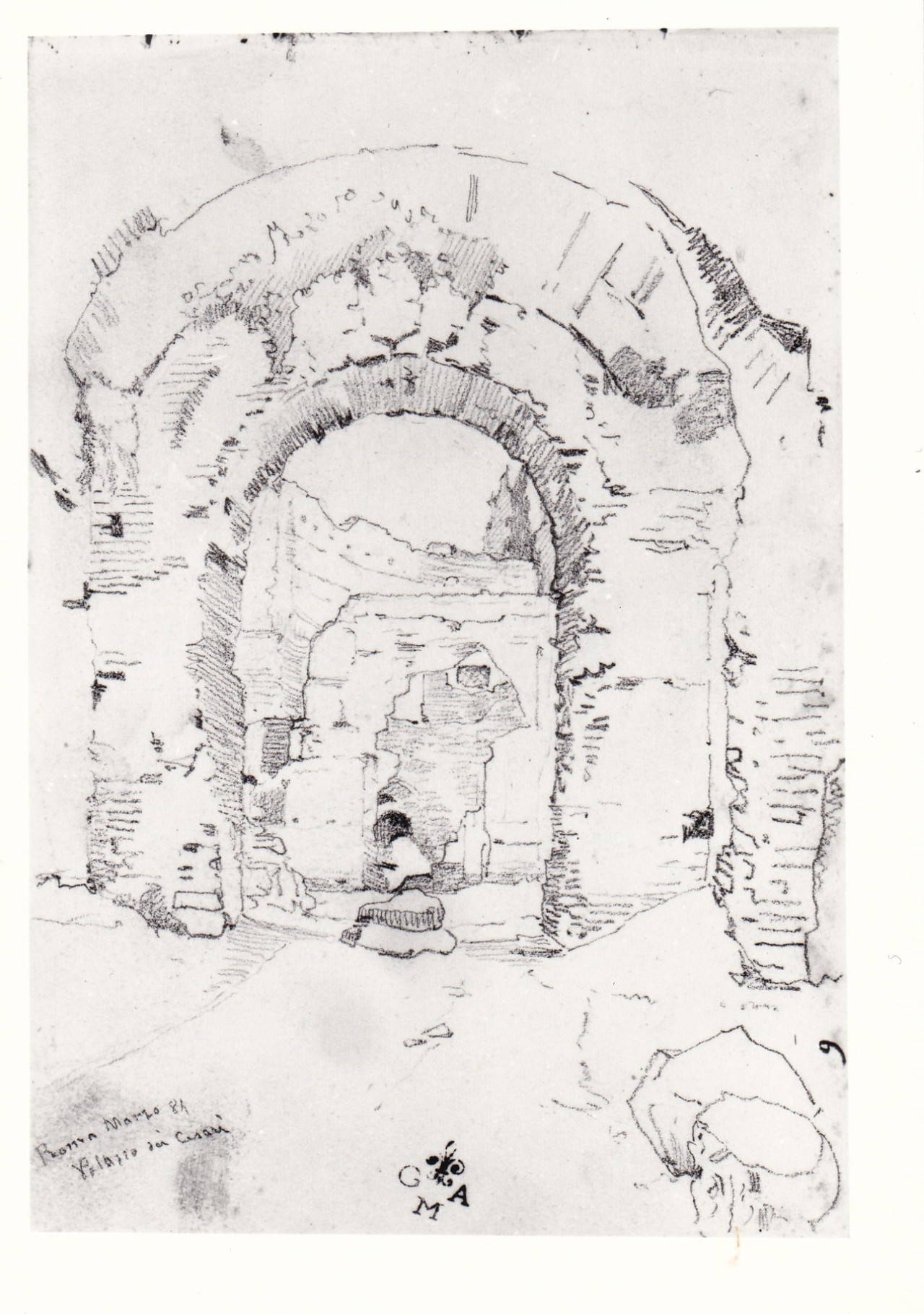 Particolare del Palazzo dei Cesari a Roma, Veduta (disegno) di Borrani Odoardo (sec. XIX)
