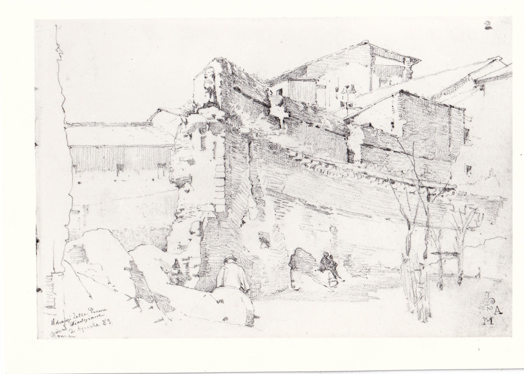 Le mura di Diocleziano a Roma, veduta (disegno) di Borrani Odoardo (sec.XIX)