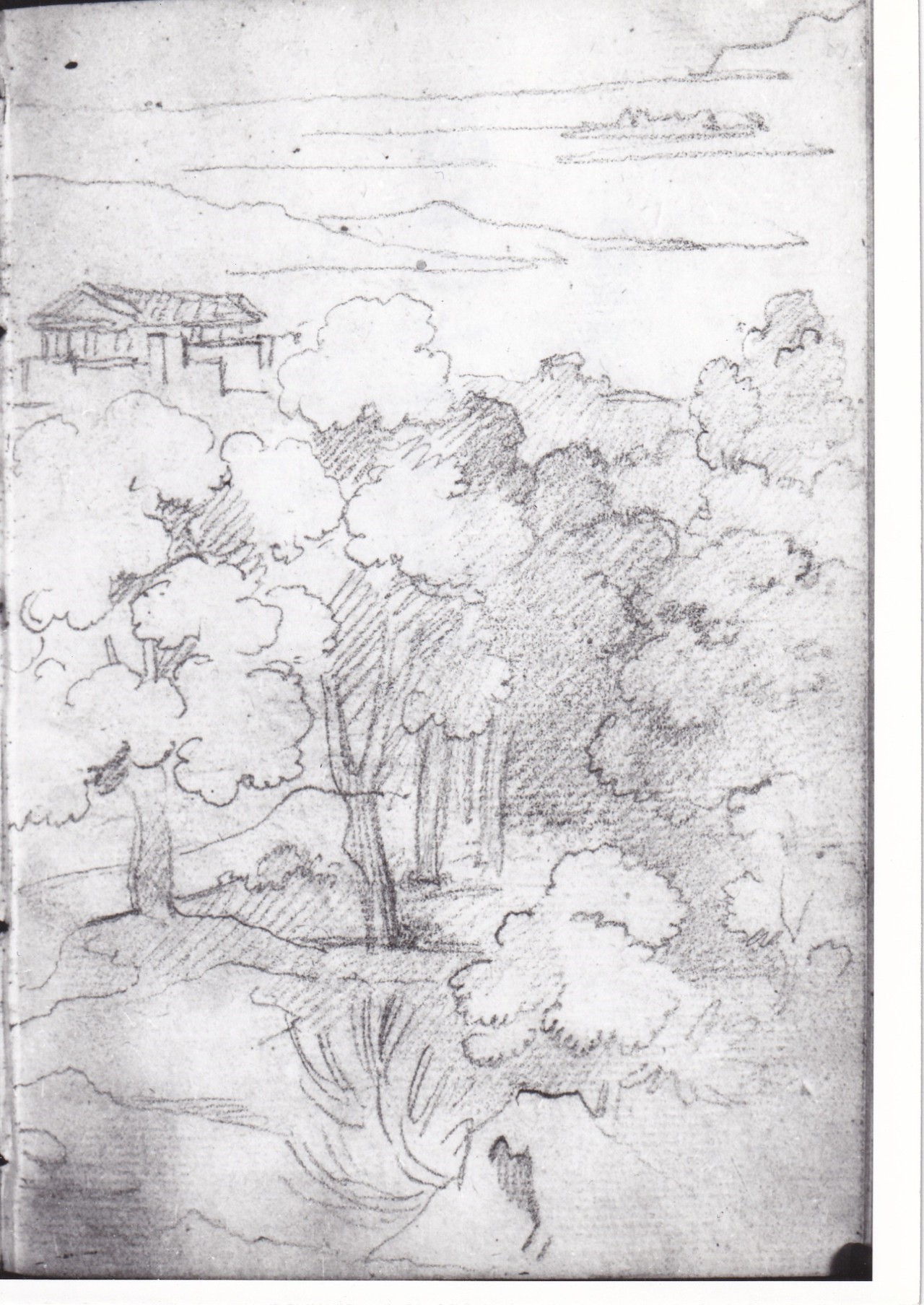 Paesaggio boscoso con edificio sullo sfondo, Paesaggio con una casa ed un ponte (disegno) di Bezzuoli Giuseppe (sec. XIX)