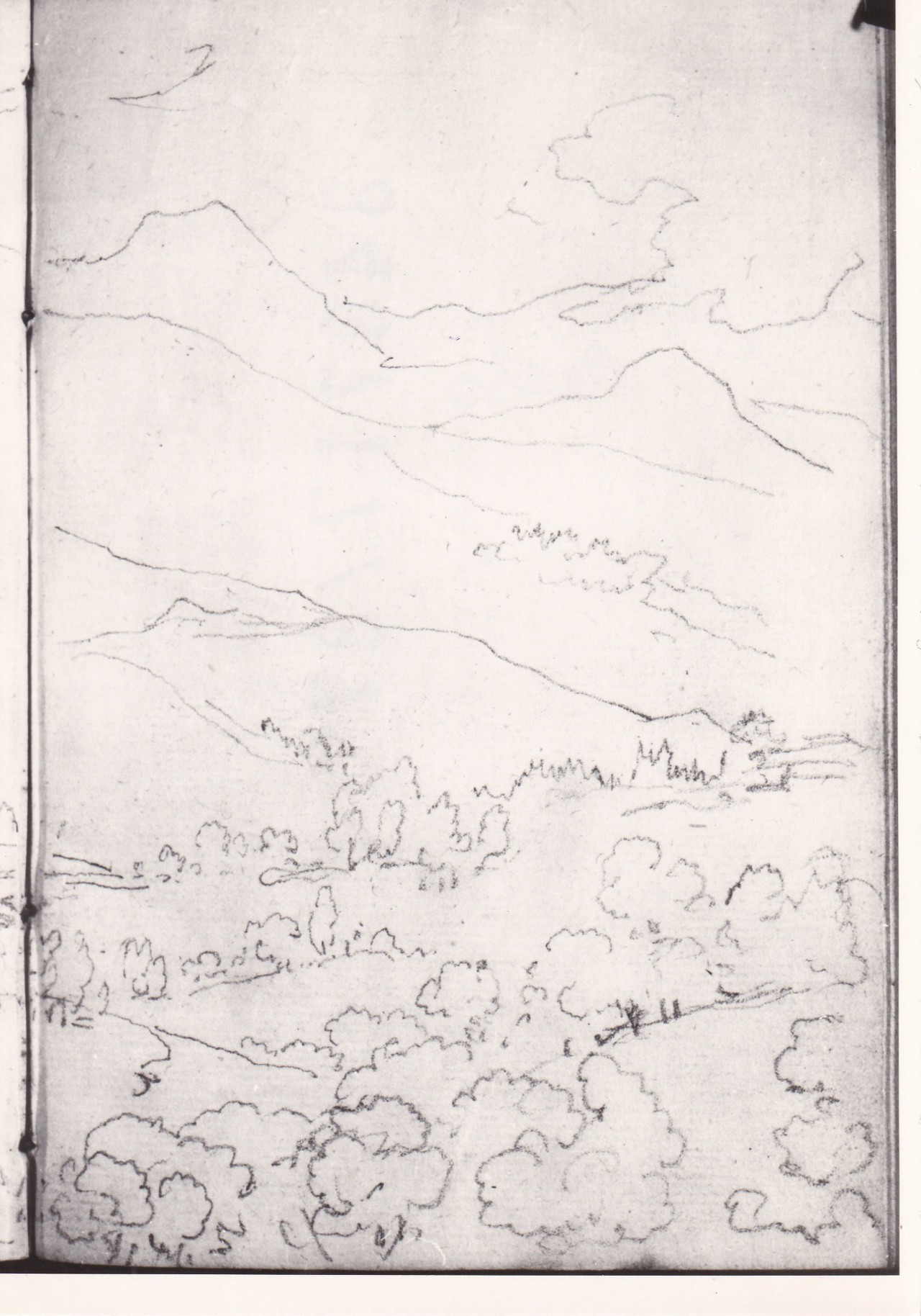 Paesaggio montuoso con boschi in primo piano (r.), Schizzo di paesaggio con colline (v.) (disegno) di Bezzuoli Giuseppe (sec. XIX)
