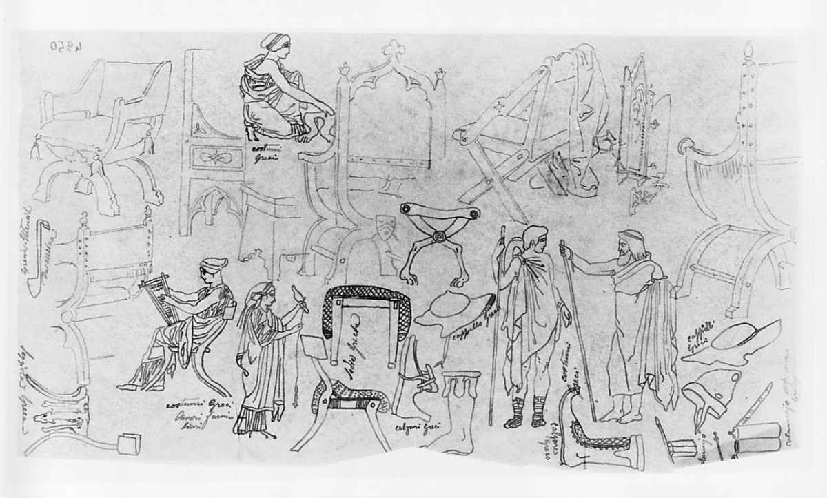 Studi di soggetti classici e arredi medievali, oggetti/ figure maschili e femminili (disegno) di Saltini Pietro (terzo quarto sec. XIX)