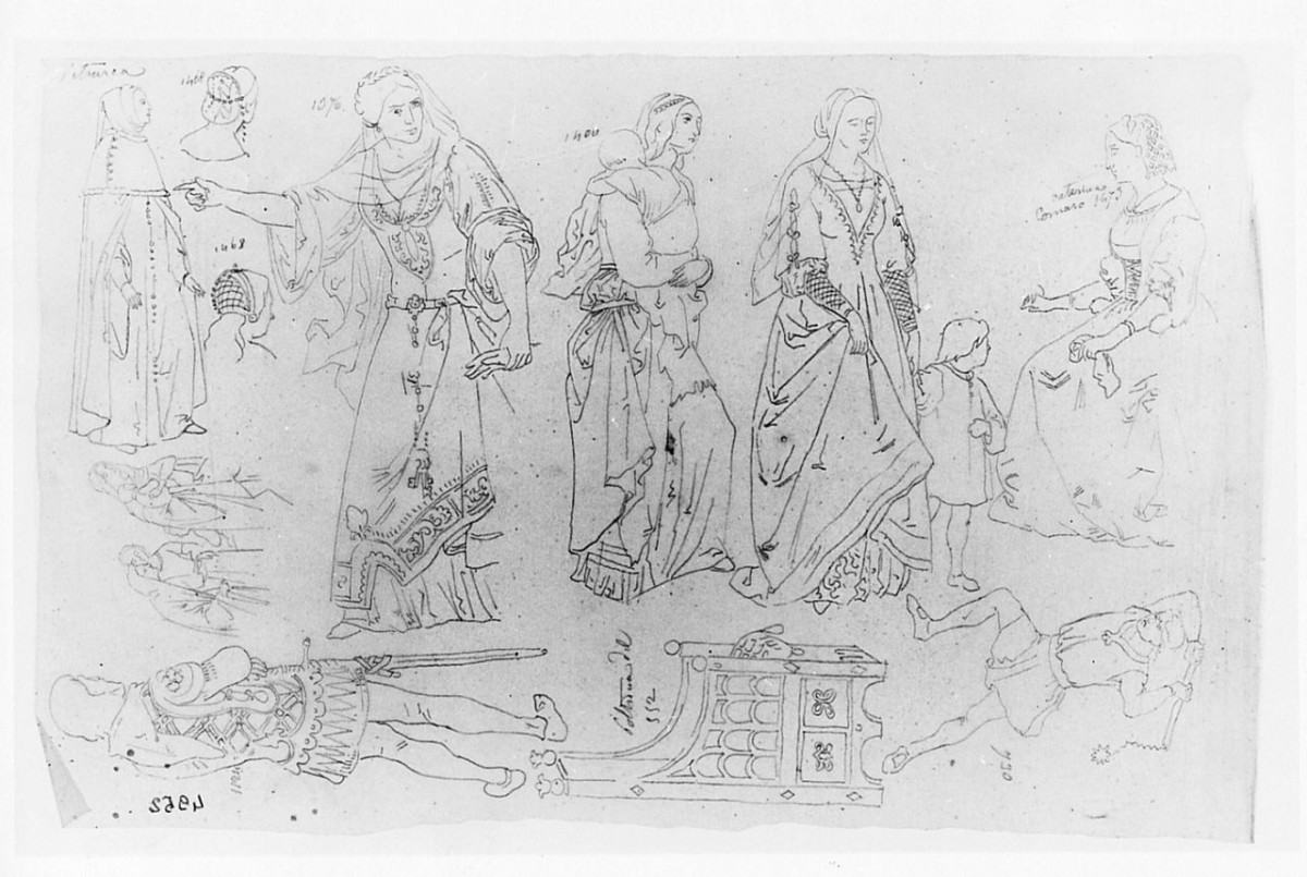 Studio di personaggi in abiti medievali studio, figure maschili e femminili (disegno) di Saltini Pietro (terzo quarto sec. XIX)