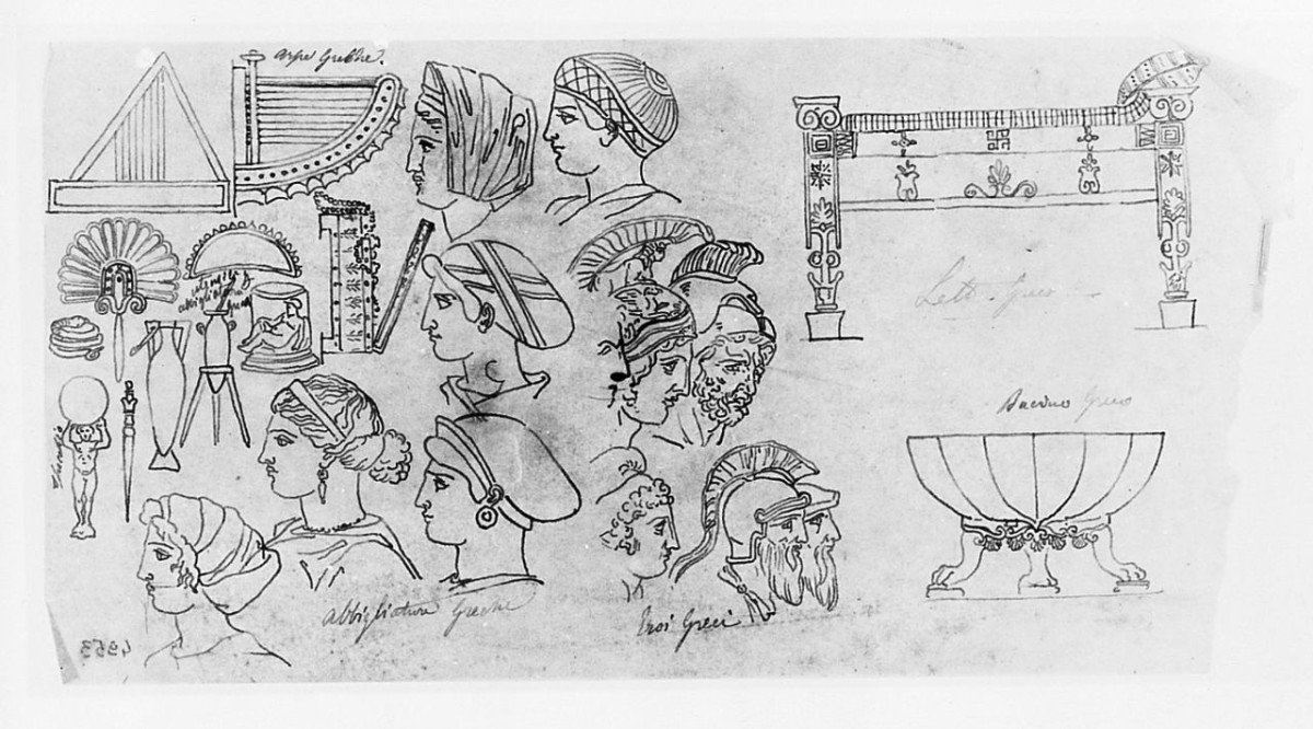 Studi di soggetti e arredi classici, motivi decorativi architettonici/ ritratto di donna (disegno) di Saltini Pietro (terzo quarto sec. XIX)