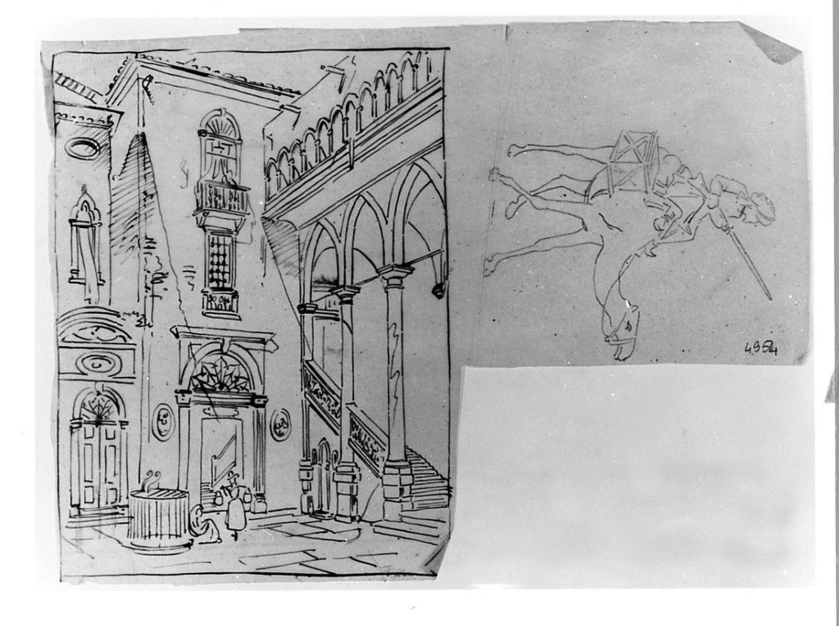 Uomo su un cammello e architettura, veduta di un palazzo (disegno) di Saltini Pietro (terzo quarto sec. XIX)